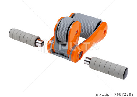 orange wheel for fitness, training of abdominal muscles and back muscles, AB wheel in a disassembled state, on a white background 76972288