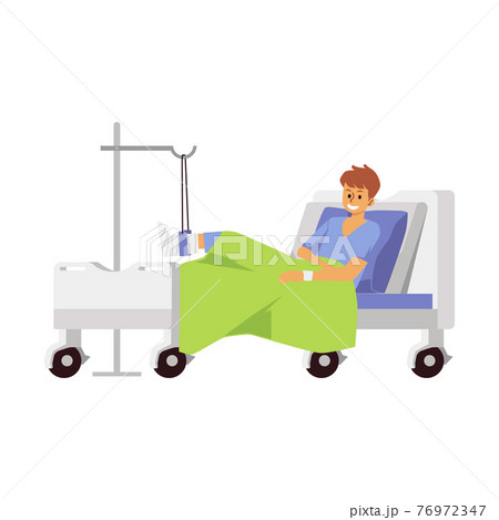 Man character with broken leg in hospital bed flat vector illustration isolated. 76972347