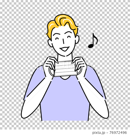 微笑的男子雙手拿著面具插圖簡單向量圖 76972496