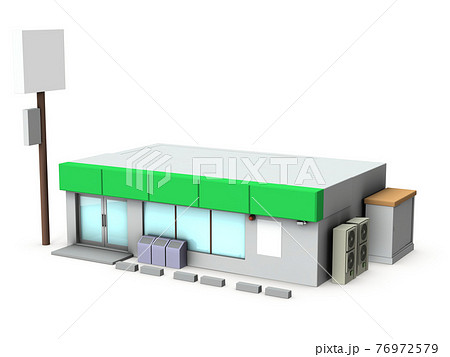 コンビニエンスストアの外観。白バック。3Dレンダリング。 76972579