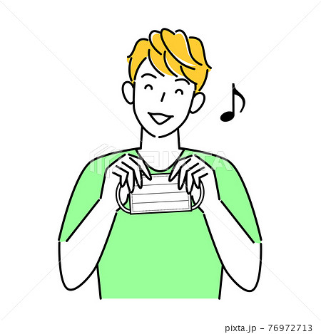 両手でマスクを持っている笑顔の男性 イラスト シンプル ベクターのイラスト素材