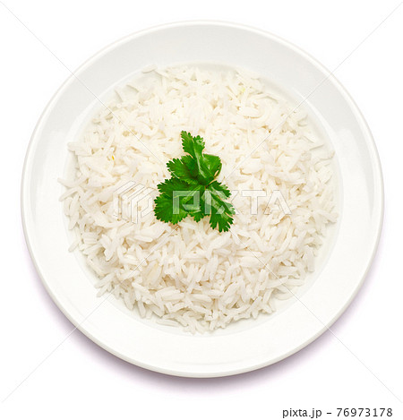 Plate of Boiled Rice isolated on a white background with clipping path embedded Plate of Boiled Rice isolated on a white background with clipping path embedded 76973178