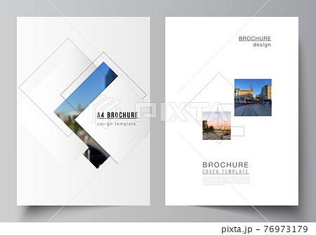 Vector layout of A4 format cover mockups design templates with geometric simple shapes, lines and photo place for brochure, flyer layout, booklet, cover design, book, brochure cover. Vector layout of A4 format cover mockups design templates with geometric simple shapes, lines and photo place for brochure, flyer layout, booklet, cover design, book, brochure cover. 76973179