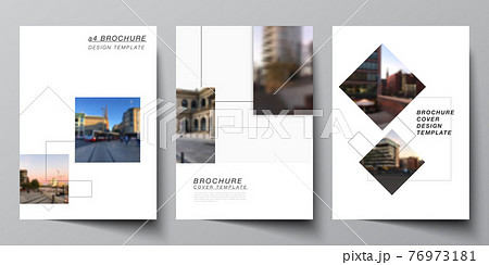 Vector layout of A4 format cover mockups design templates with geometric simple shapes, lines and photo place for brochure, flyer layout, booklet, cover design, book, brochure cover. Vector layout of A4 format cover mockups design templates with geometric simple shapes, lines and photo place for brochure, flyer layout, booklet, cover design, book, brochure cover. 76973181