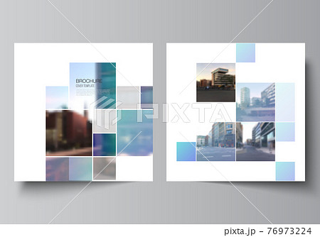 Vector layout of two square format covers templates for brochure, flyer, magazine, cover design, book design, brochure cover. Abstract design project in geometric style with blue squares. 76973224