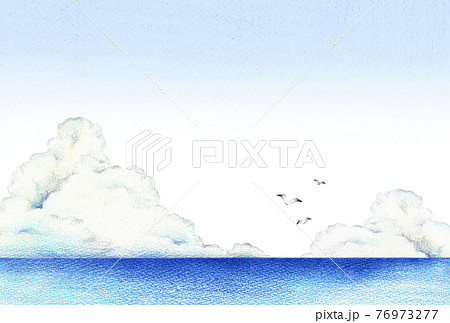 海と入道雲と青空の背景 横 手描き色鉛筆画のイラスト素材
