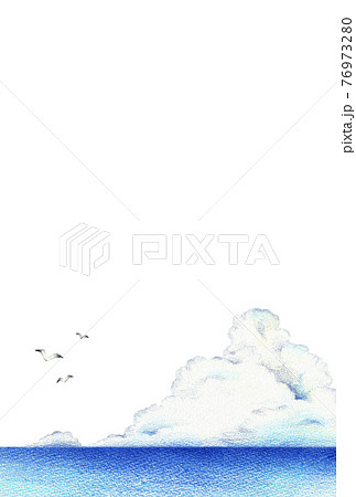 海と入道雲の背景 縦 手描き色鉛筆画のイラスト素材