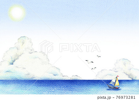 海と入道雲とヨットの青空の背景 横 手描き色鉛筆画のイラスト素材