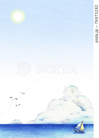 海と入道雲とヨットの青空の背景 縦 手描き色鉛筆画のイラスト素材