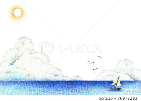 海と入道雲とヨットの背景 横 手描き色鉛筆画のイラスト素材