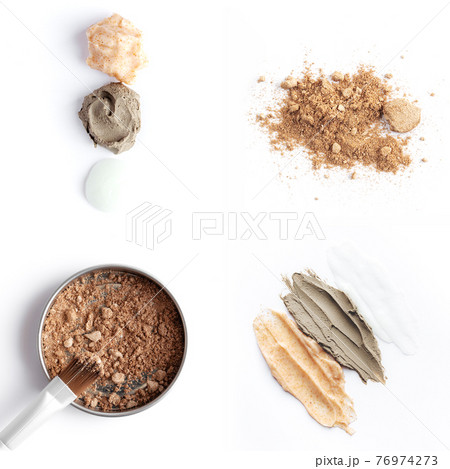Collage with cosmetics, brown face or eye shadows, brush and body scrub samples 76974273