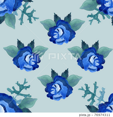 Blue large watercolor flowers with large brush strokes on a green background 76974311