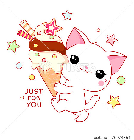 Cute yummy card in kawaii style. Lovely cat with ice cream Cute yummy card in kawaii style. Lovely cat with ice cream 76974361