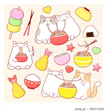 Couple Of Cute Fat Cats Eat Ramen Noodlesのイラスト素材