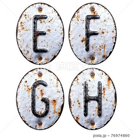 3D render set of capital letters E, F, G, H made of forged metal on the background fragment of a metal surface with cracked rust. 76974860