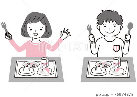 手書き線画イラスト 給食を食べる男の子と女の子のイラスト素材