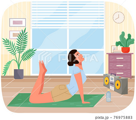 Young girl working out doing exercises at home. Yogi exercise with music on record player 76975883