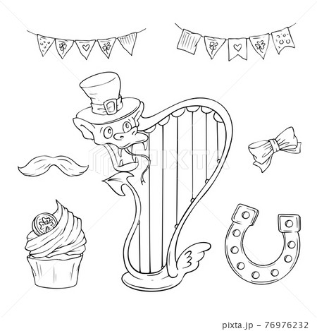 Saint Patrick s Day holiday set, cute cartoon elements. Vector illustration 76976232