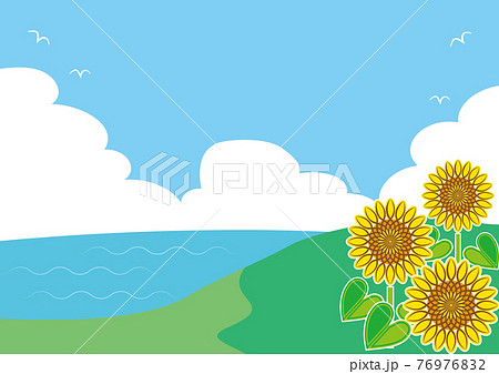 夏の海辺の景色 入道雲 空を飛ぶカモメ 丘の上のヒマワリ 背景壁紙のイラスト素材