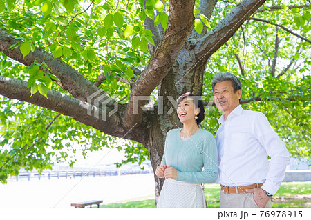 大きな木の下新緑に包まれ横浜を楽しむシニア夫婦 ライフタイル 大きな木の下新緑に包まれ横浜を楽しむシニア夫婦 ライフタイル 76978915