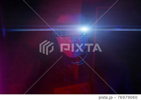 Cyberpunk style portrait of man in futuristic costume. 76979060