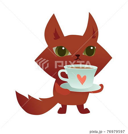 Cute Cartoon Cat Holding A Cup Of Coffee Or Tea のイラスト素材