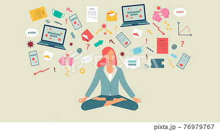 Woman tries to stay calm under pressure of stress information about covid-19. 76979767