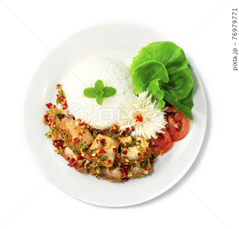 Crispy Belly Pork Stir Fried with Chili and Salt Served Rice Crispy Belly Pork Stir Fried with Chili and Salt Served Rice 76979771