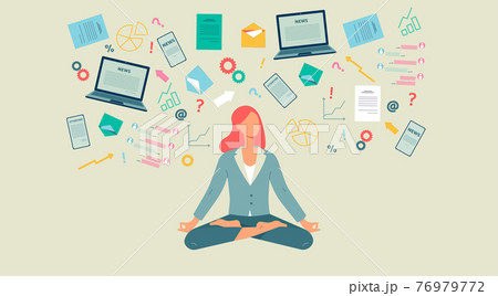 Information overload relief concept banner with woman meditating Information overload relief concept banner with woman meditating 76979772