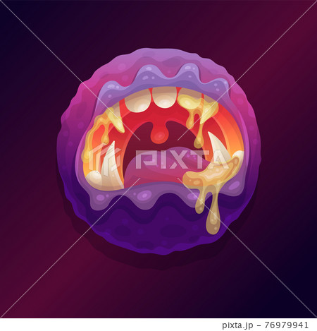 Angry monster mouth with teeth and flowing saliva, flat vector illustration. 76979941