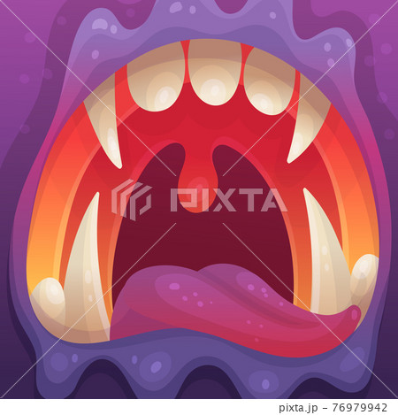 Open monster mouth with sharp teeth in bright colors, flat vector illustration. Open monster mouth with sharp teeth in bright colors, flat vector illustration. 76979942