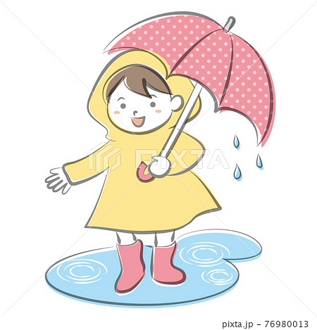 手描き水彩風の雨の中レインコートを着て傘をさす女の子のイラスト 白背景のイラスト素材
