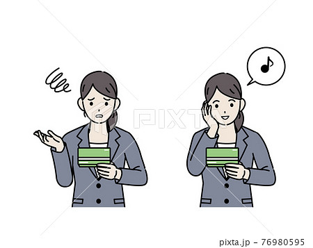 通帳を見て喜ぶ 困る スーツ姿の女性 会社員 給料 金欠 支払い イラスト素材のイラスト素材