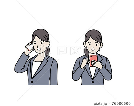 スマートフォンを使うスーツ姿の女性 携帯電話 会社員 上半身 イラスト素材のイラスト素材