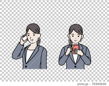 スマートフォンを使うスーツ姿の女性 携帯電話 会社員 上半身 イラスト素材のイラスト素材