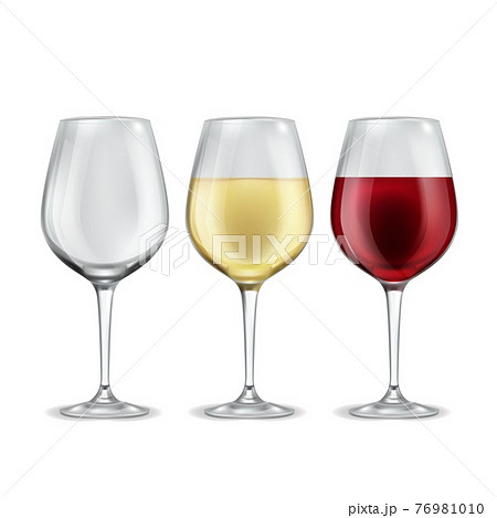 Wine glass. Empty with red or white grape beverage glasses, half filled alcoholic drink in elegant transparent wineglass. Realistic winery collection, 3d vector isolated illustration Wine glass. Empty with red or white grape beverage glasses, half filled alcoholic drink in elegant transparent wineglass. Realistic winery collection, 3d vector isolated illustration 76981010