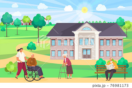 Nursing home. Elderly people walk outdoors in good weather near building, care for retirees 76981173