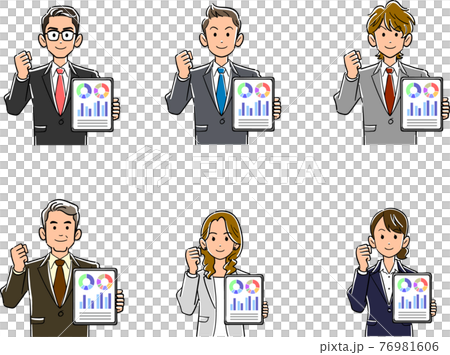 データ表示されたタブレットpcを手に持ちガッツポーズするスーツ姿の男女のイラスト素材 データ表示されたタブレットpcを手に持ちガッツポーズするスーツ姿の男女のイラスト素材