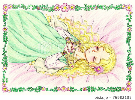 野ばらの中の眠り姫 フレーム付き 手描きのイラスト素材