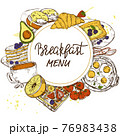 Set of hand drawn traditional breakfast dishes, bakery and drinks 76983438