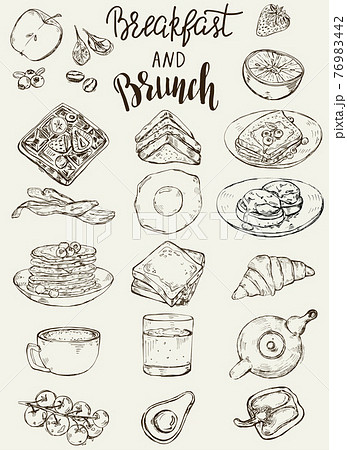 Set of traditional breakfast dishes, bakery and drinks. Set of traditional breakfast dishes, bakery and drinks. 76983442