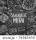 Traditional breakfast dishes, bakery and drinks on the blackboard. 76983450