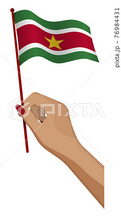 Female hand gently holds small Suriname flag. Holiday design element. Cartoon vector on white background