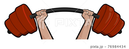 Strong hands hold heavy barbell overhead. Motivation for athletes, emblem for gym. Cartoon vector on blank background Strong hands hold heavy barbell overhead. Motivation for athletes, emblem for gym. Cartoon vector on blank background 76984434