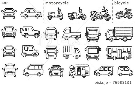 車とバイクと自転車のアイコンセット 手書き風線画 分類バージョンのイラスト素材