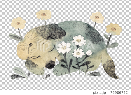 花畑で眠る子犬のイラスト素材