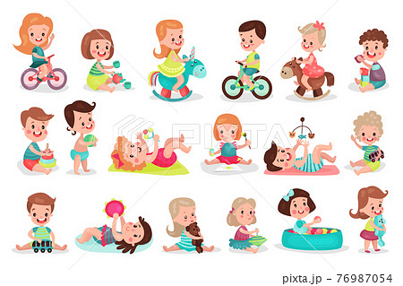 Baby Girl and Boy Playing with Toys and Riding Bicycle Vector Illustration Set 76987054