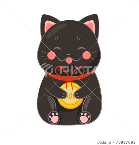 Black Maneki-neko Cat Holding Gold Coin as Ceramic Japanese Figurine Bringing Good Luck Vector Illustration 76987095
