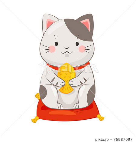 White Maneki Neko Cat Holding Gold Fish As のイラスト素材