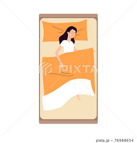 Top view on young woman overcome insomnia sleep in bed on pillow under blanket 76988654